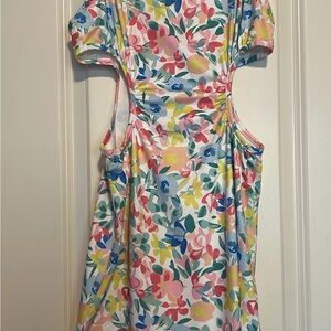 SHEIN Pink Yellow Sundress Puff Sleeve Crew Neck